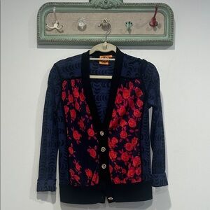 Tory Burch Black and Red Floral Cardigan